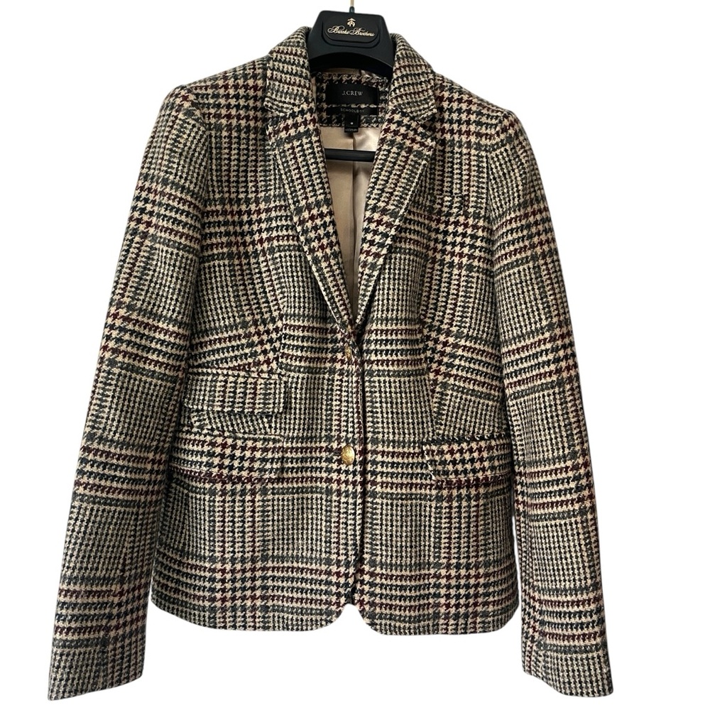 J.Crew Schoolboy Blazer Plaid Wool Brown Tan Gold Buttons Women’s Size 0 - Picture 2 of 10